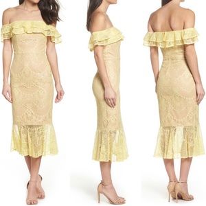 NWT Jarlo marigold yellow and nude off-shoulder ruffle lace sleeve midi dress